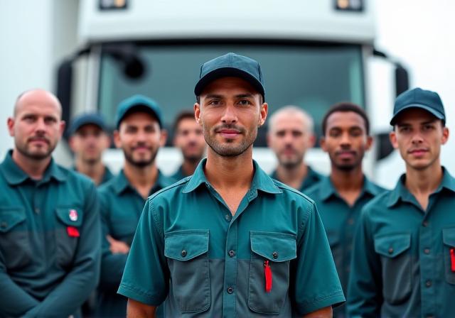 Team of professional drivers with transport trucks