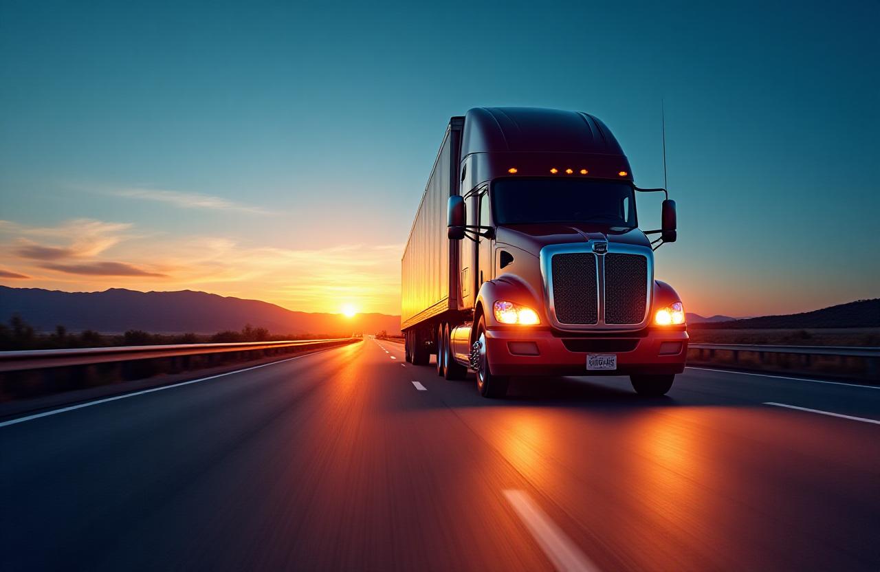 Modern logistics truck on a highway at dusk
