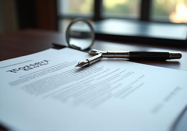 Legal documents and a magnifying glass on a modern desk
